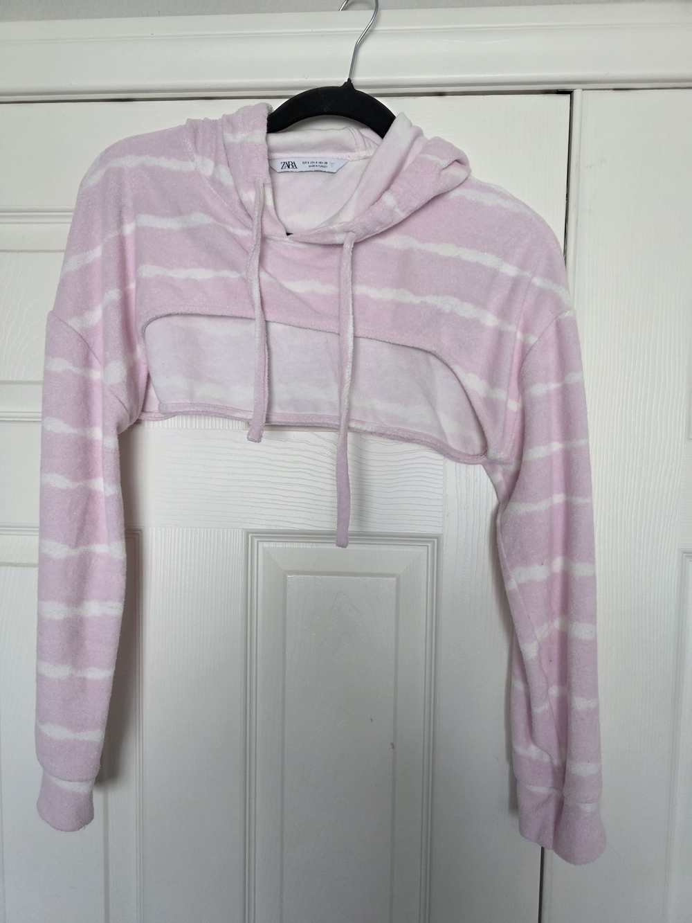 Zara Light Pink & White Striped Terry Cloth Cropped Hoodie